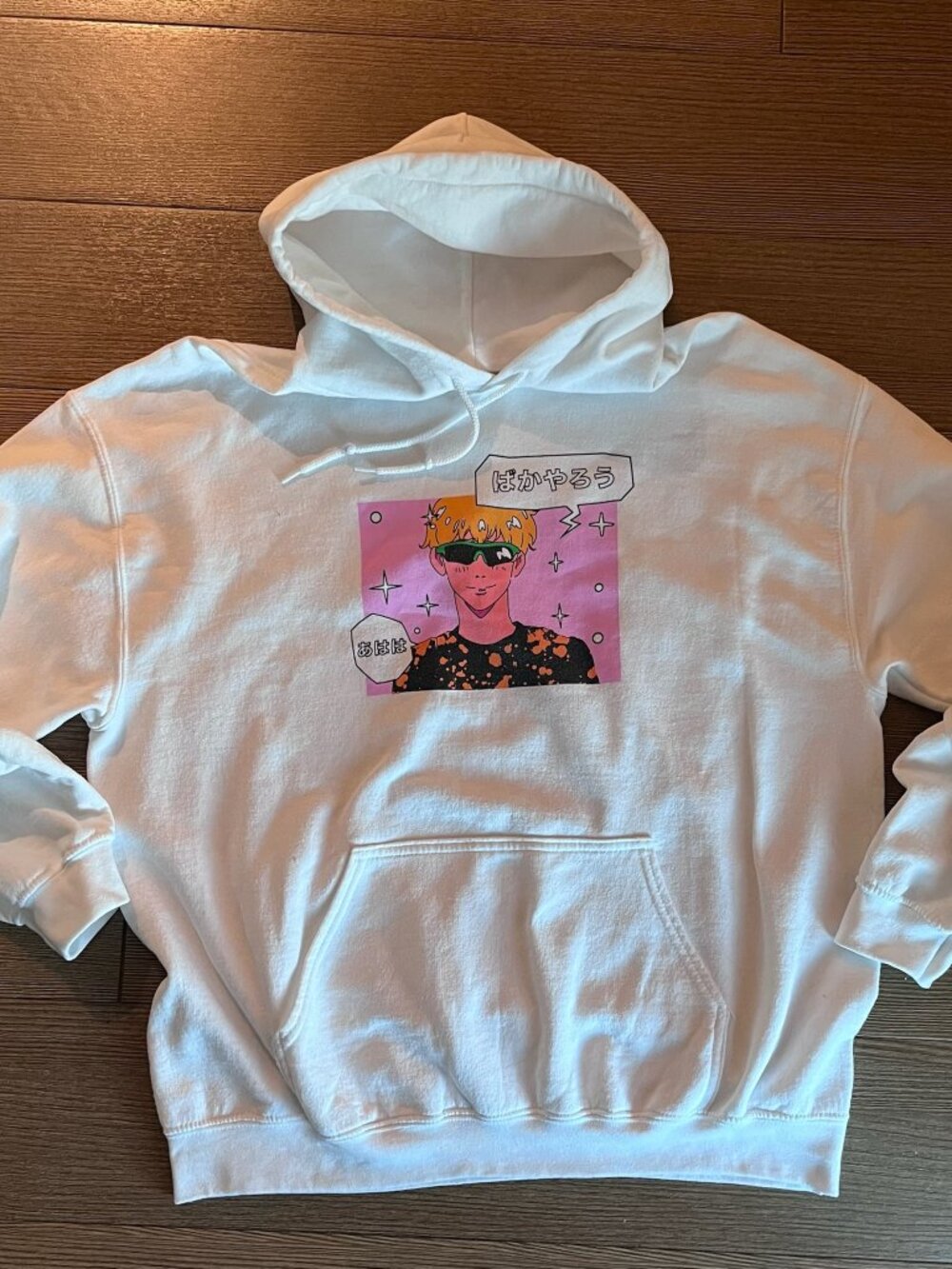 Denji Chainsaw Man Anime Hoodie Unisex L White "Saying Idiot, Ahaha"